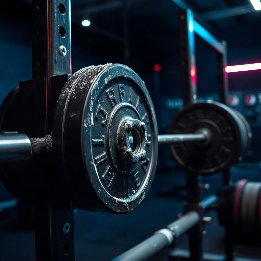 Squat barbell on rack with chalk