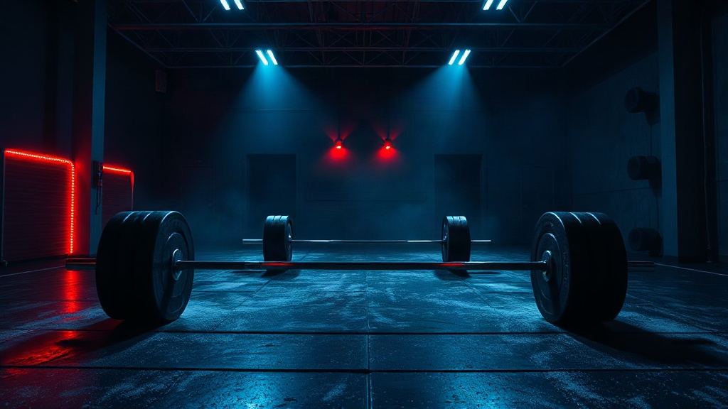 Powerlifting platform with barbell under dramatic gym lighting